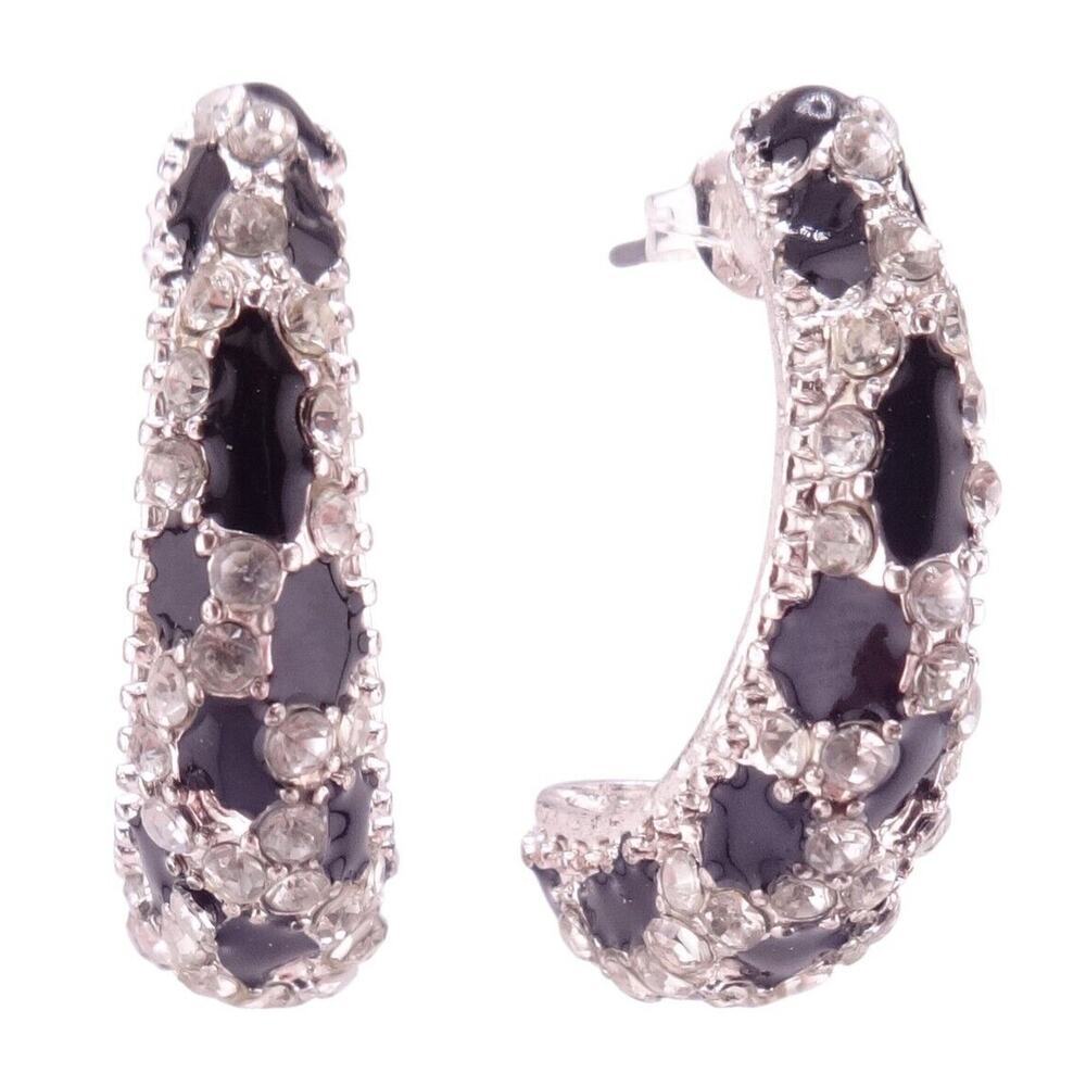 Black Enamel with Clear Crystal Pave Teardrop Silvertone Half Hoop Earrings NWOT